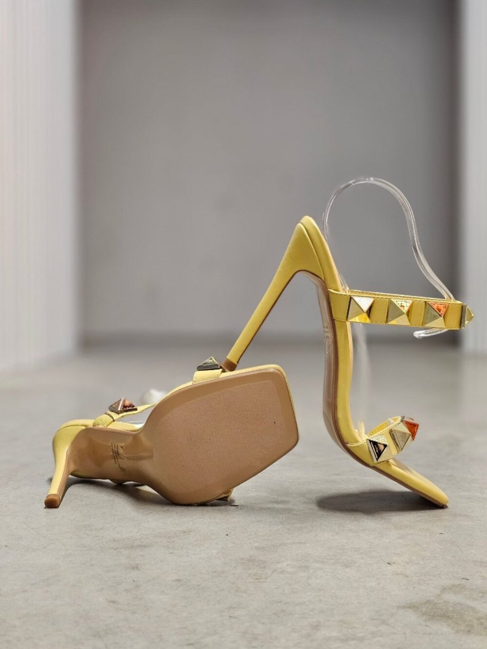 Yellow Studded High Heel Sandals With Straps & Square Toe Design For Women - Picture 9 of 15